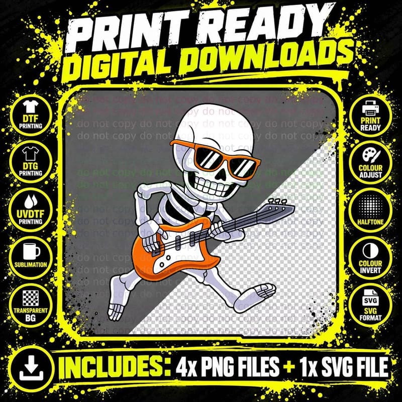 Skeleton Playing Guitar Rock & Roll Boys Kids Halloween Png SVG Digital Bundle