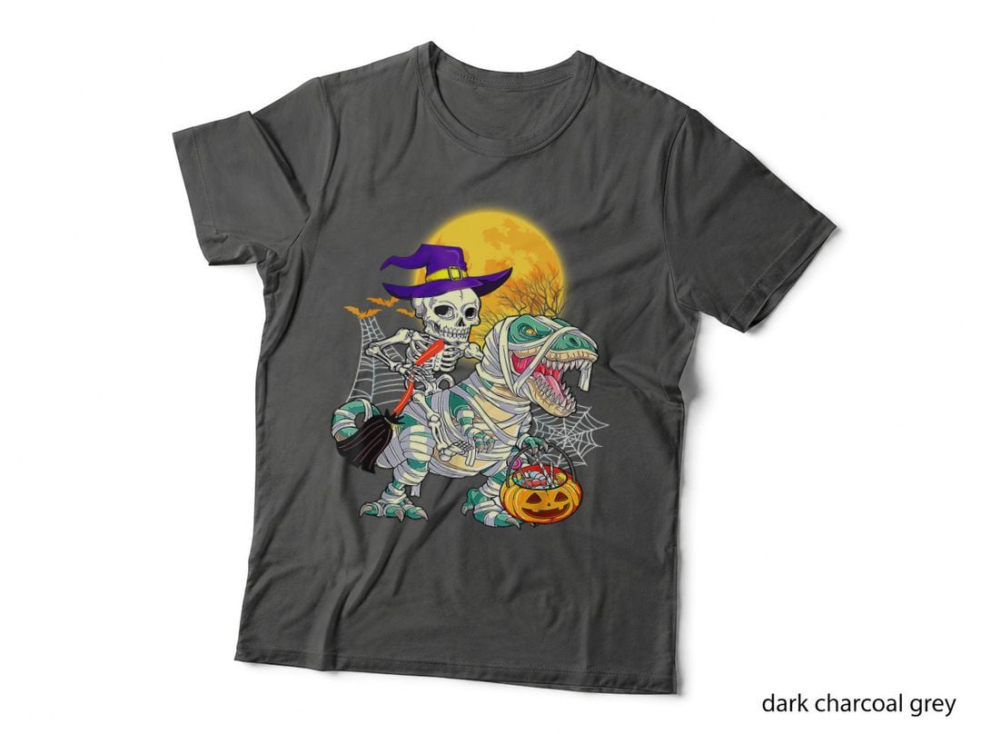 Skeleton Riding Mummy Dinosaur T Rex Halloween Funny Pumpkin T-Shirt