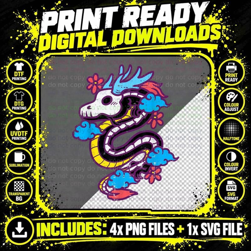 Skeleton Sugar Skull Dragon Halloween Dia De Los Muertos Png SVG Digital Bundle