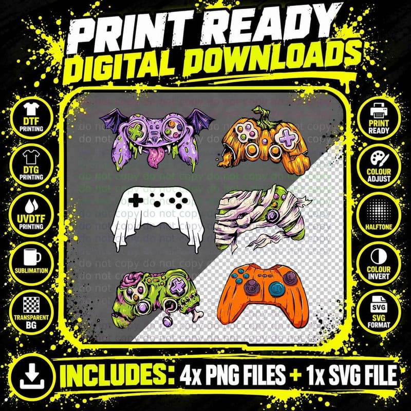 Skeleton Zombie Gaming Controllers Mummy Halloween Game Png SVG Digital Bundle