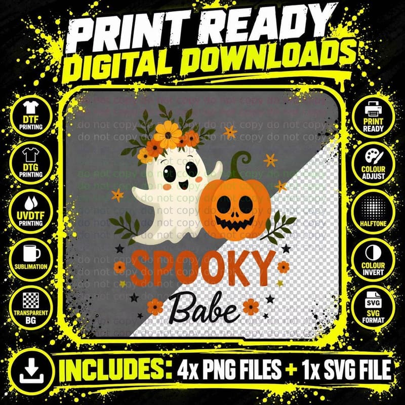 Spooky Babe Adorable Ghost Floral Wreath Sitting on Png SVG Digital Bundle
