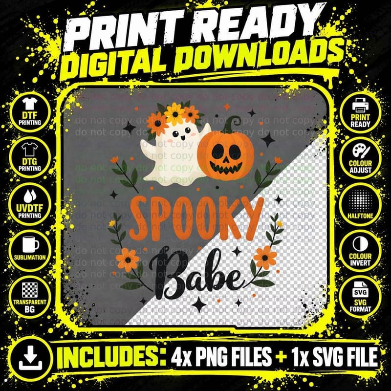 Spooky Babe Cute Cartoon Ghost Pumpkin Floral Wreath Png SVG Digital Bundle