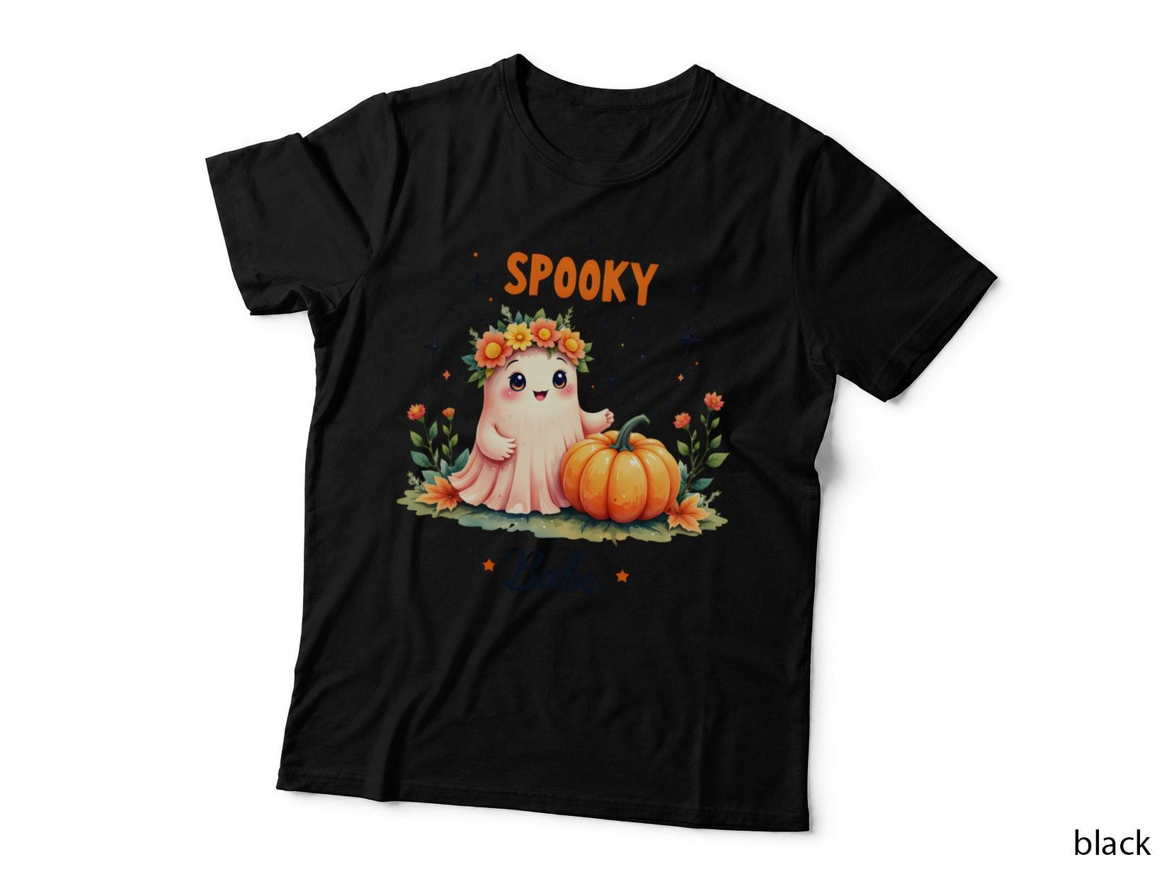 Spooky Babe Ghost Sitting on Pumpkin with Floral Wreath Halloween Cute T-Shirt