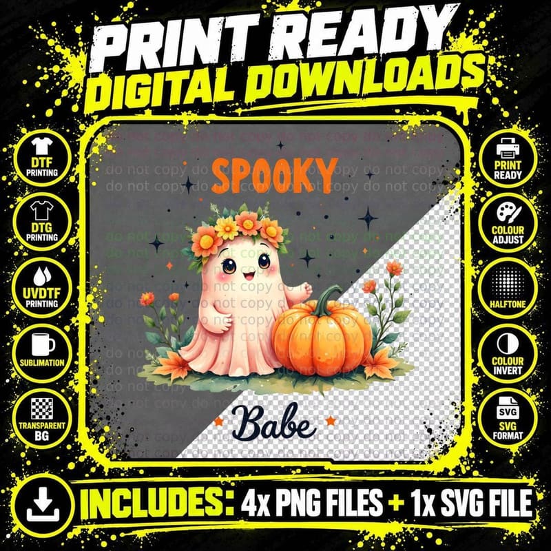 Spooky Babe Ghost Sitting on Pumpkin with Floral Wreath Png SVG Digital Bundle