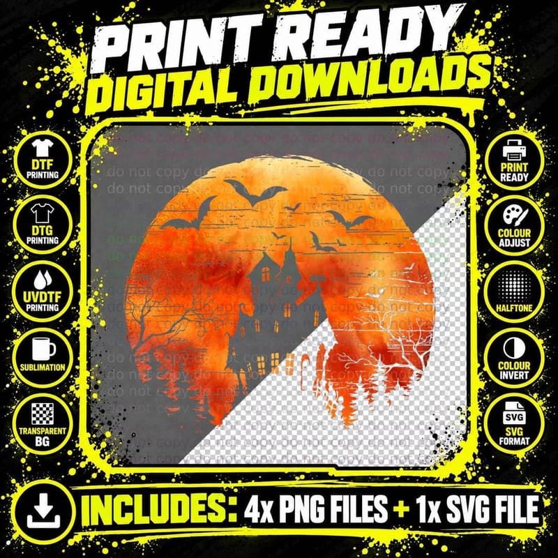 Spooky Halloween Haunted House Creepy Bats & Scary Full Png SVG Digital Bundle