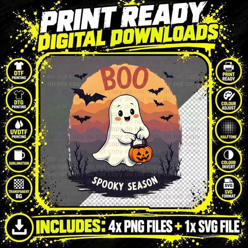 Spooky Season Ghost Tee, Cute Halloween Gift for Him Png SVG Digital Bundle