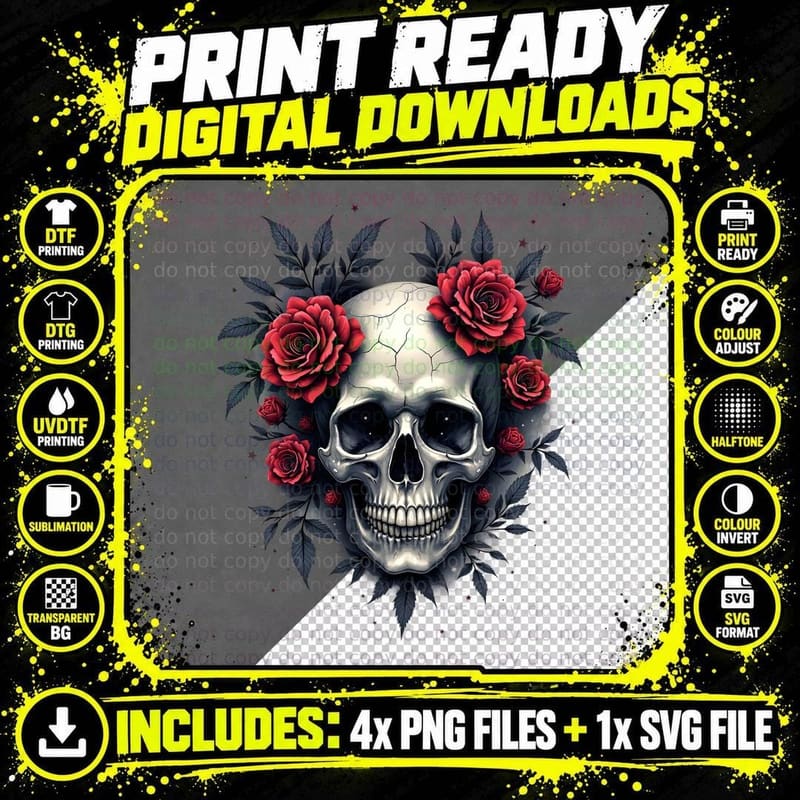 Spooky Skull Art Shirt, Gothic Halloween Gift for Women Png SVG Digital Bundle