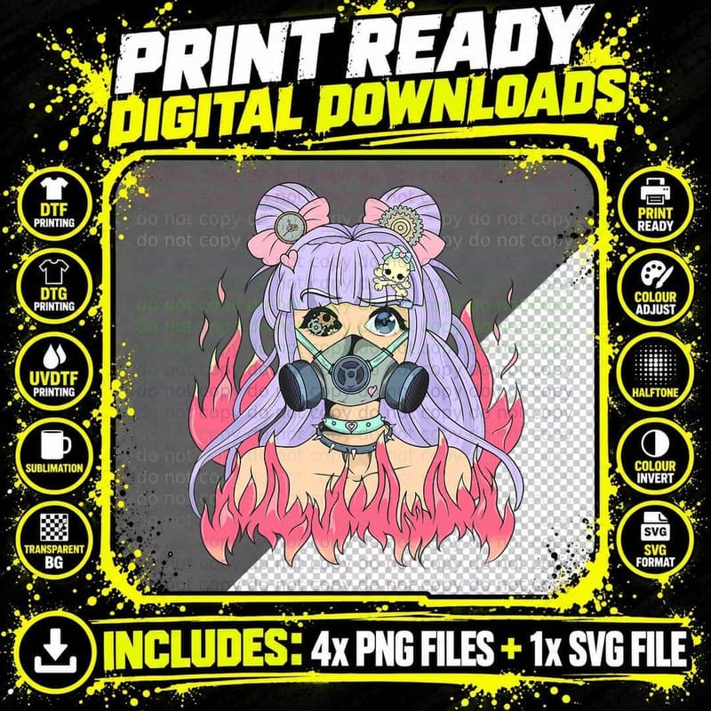 Steampunk Pastel Goth Yami Kawaii Anime Girl Creepy Png SVG Digital Bundle