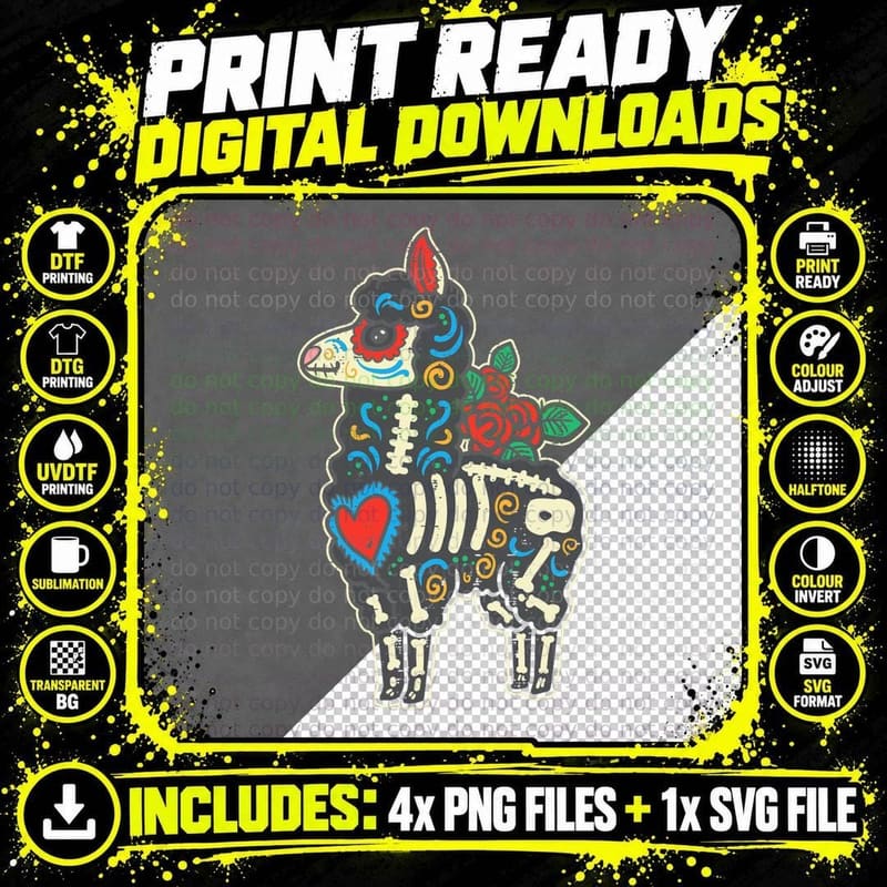Sugar Skull Llama Alpaca Dia De Muertos Mexican Png SVG Digital Bundle