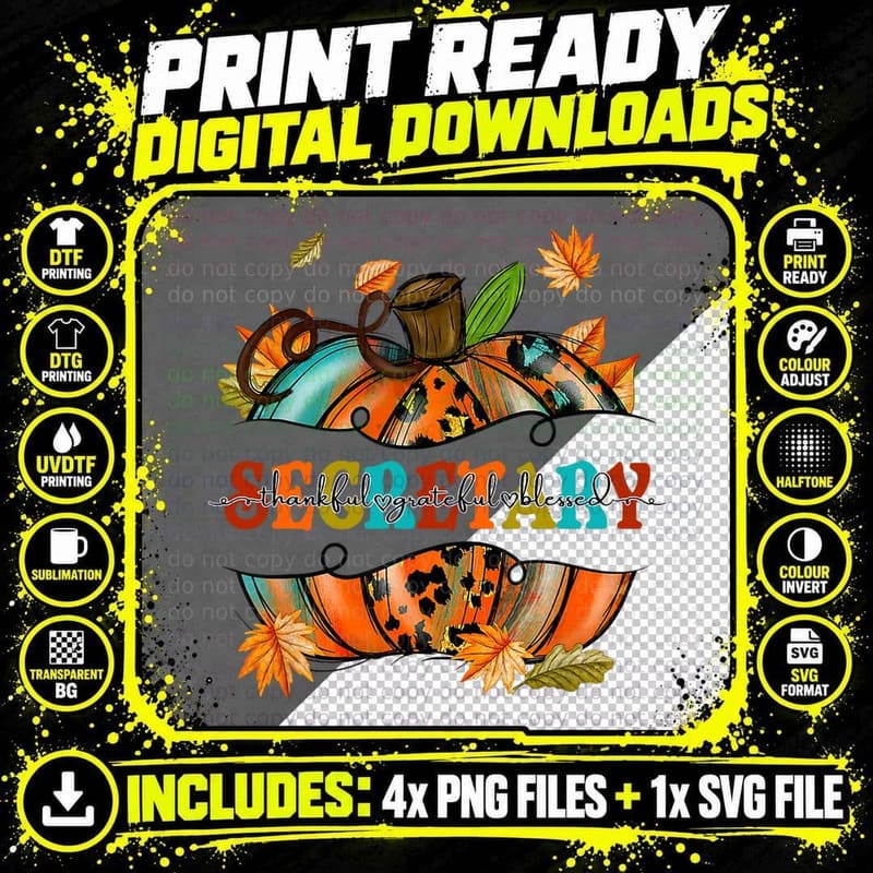Thankful Grateful Blessed Secretary Pumpkin Autumn Fall Png SVG Digital Bundle