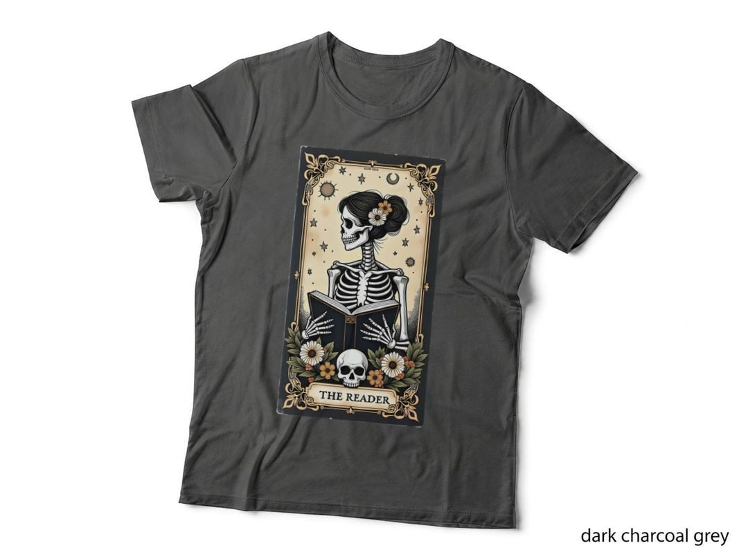The Reader Celestial Skeleton Book Lover Mystical Vintage Occult Tarot T-Shirt