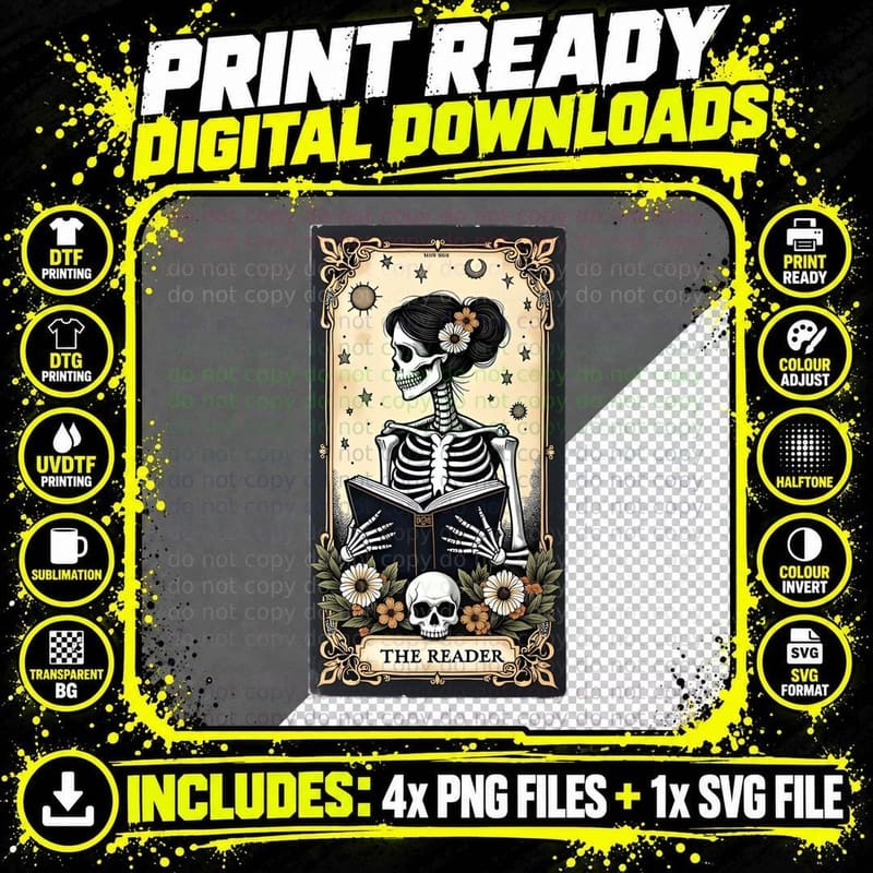 The Reader Celestial Skeleton Book Lover Mystical Png SVG Digital Bundle