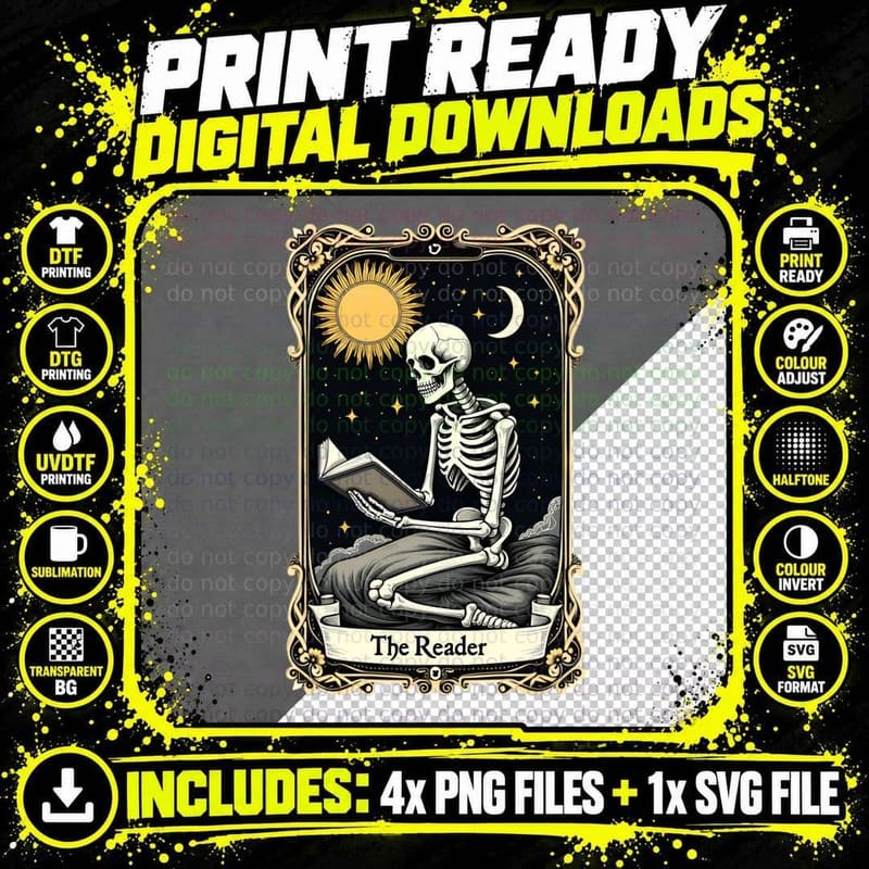 The Reader Celestial Skeleton Mystical Book Lover Png SVG Digital Bundle