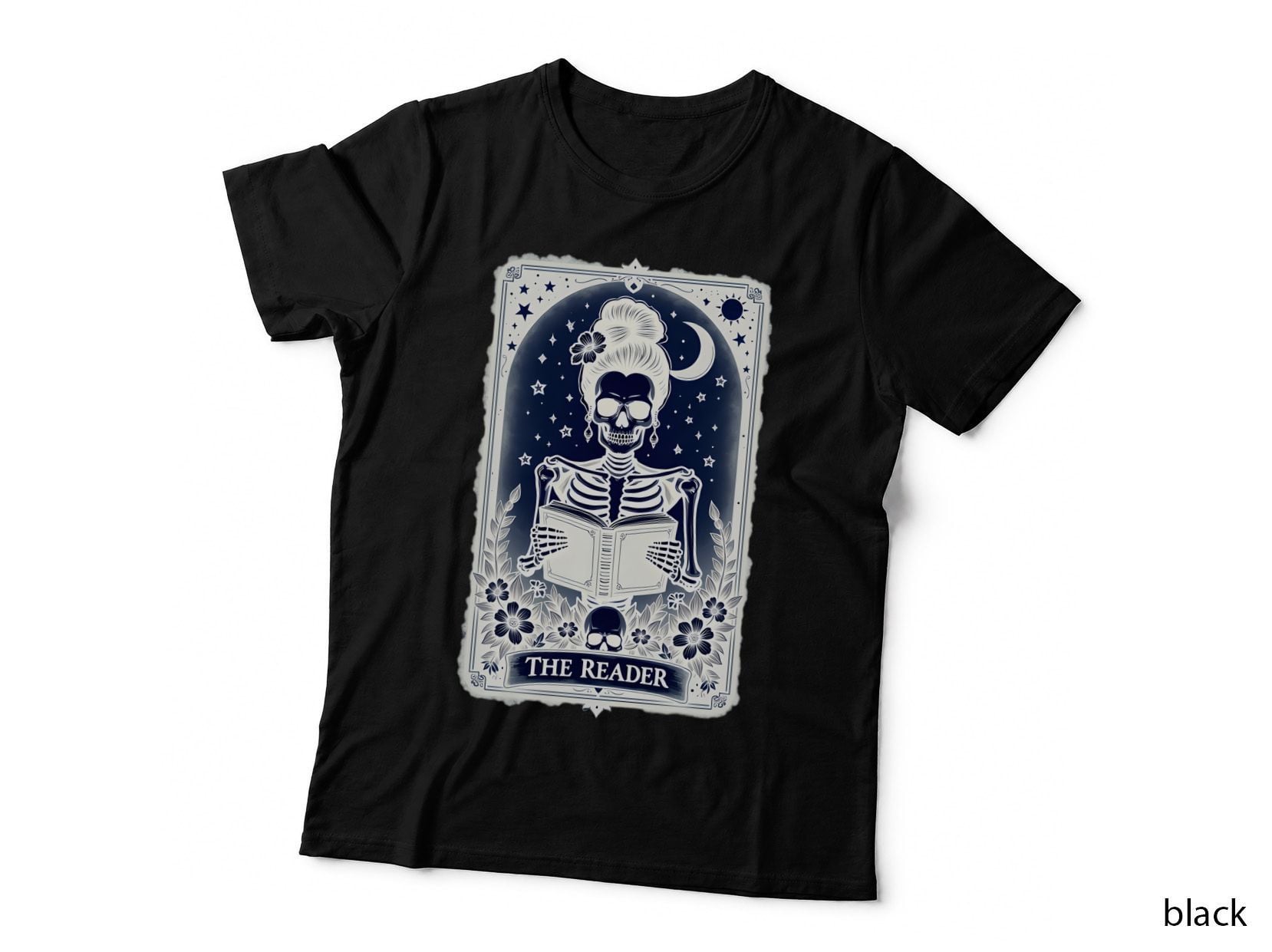 The Reader Skeleton Tarot Card Vintage Ornate Floral Celestial Design T-Shirt