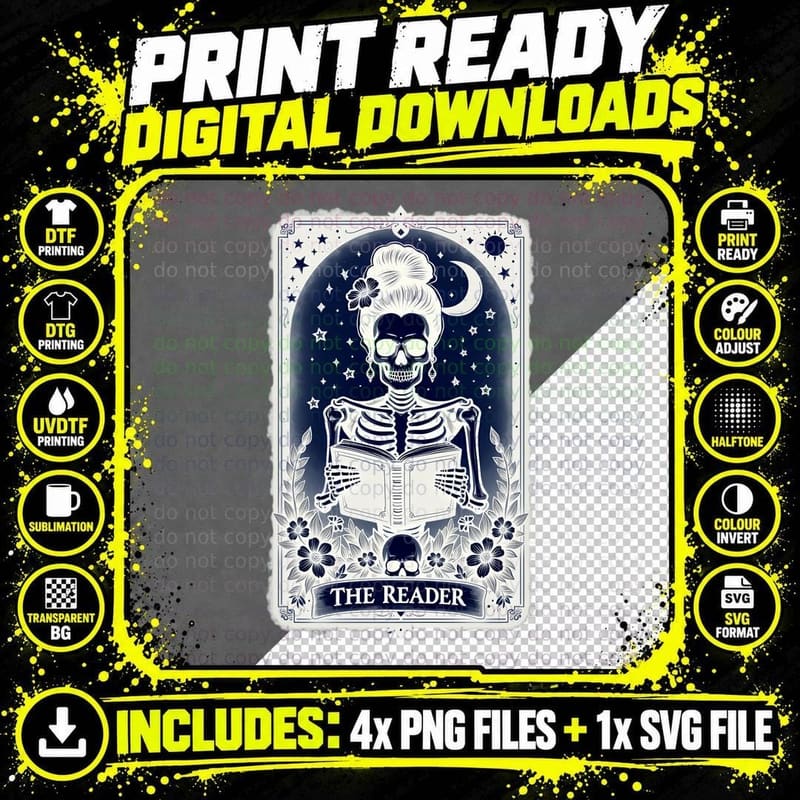 The Reader Skeleton Tarot Card Vintage Ornate Floral Png SVG Digital Bundle