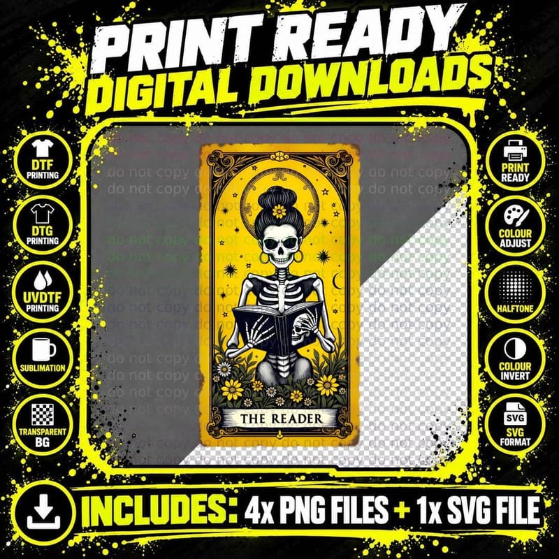 The Reader Skeleton Woman Tarot Card Yellow Floral Book Png SVG Digital Bundle
