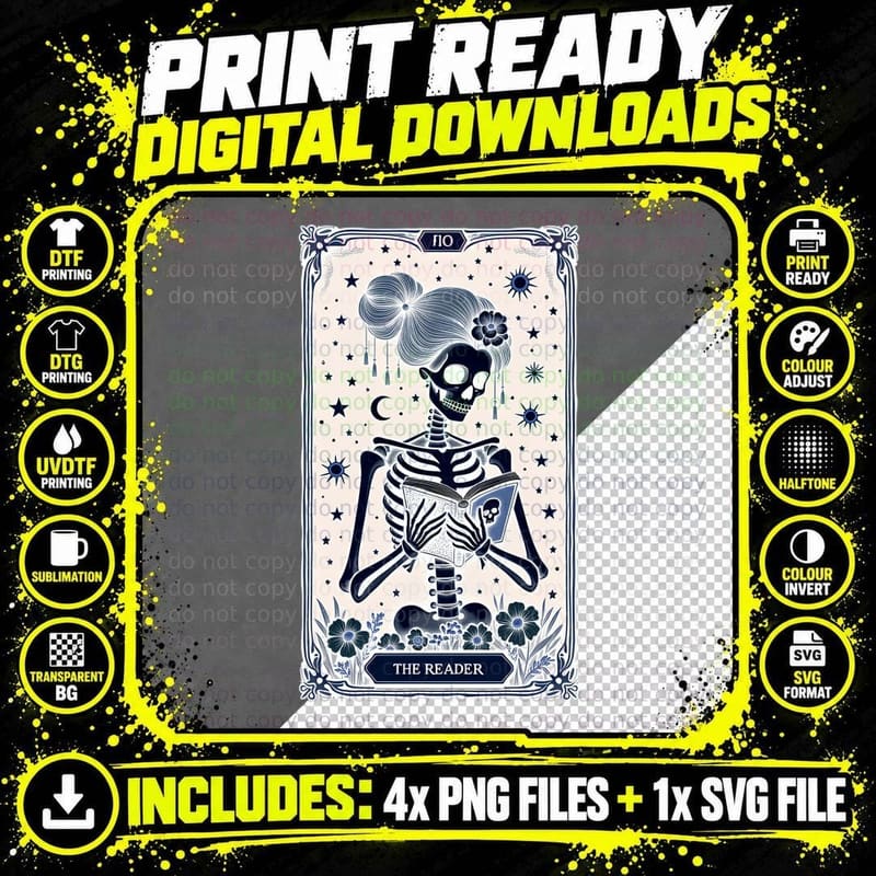 The Reader Tarot Card Bookish Celestial Skeleton Png SVG Digital Bundle