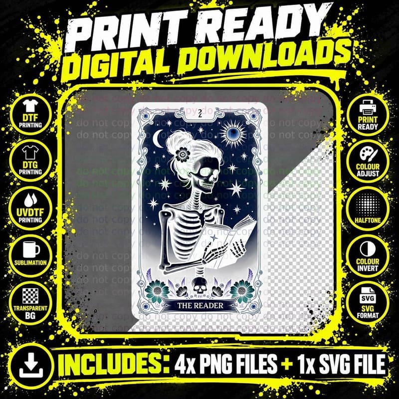The Reader Tarot Card Celestial Skeleton Book Lover Png SVG Digital Bundle