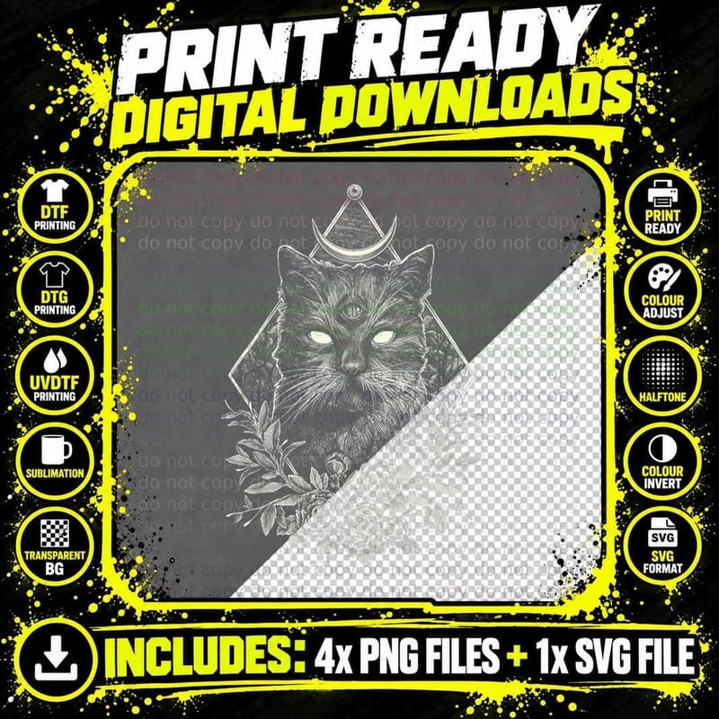 Third Eye Black Cat Flower Occult Horror Halloween Png SVG Digital Bundle