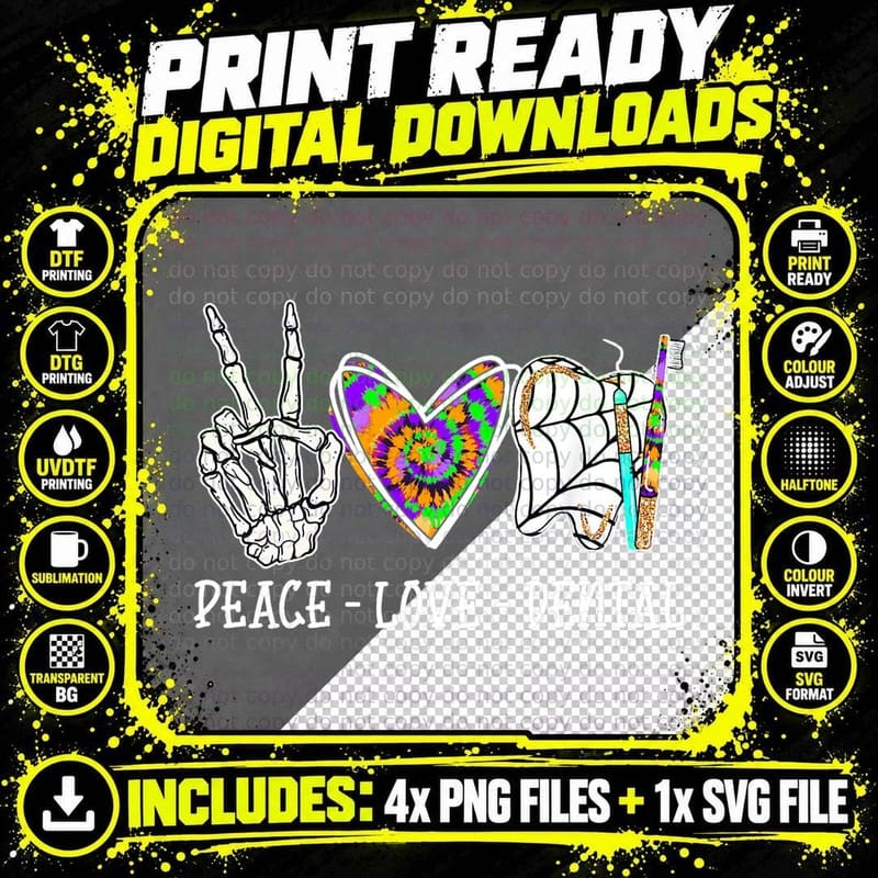 Tie Dye Peace Love Dental Halloween Dentist Life Png SVG Digital Bundle