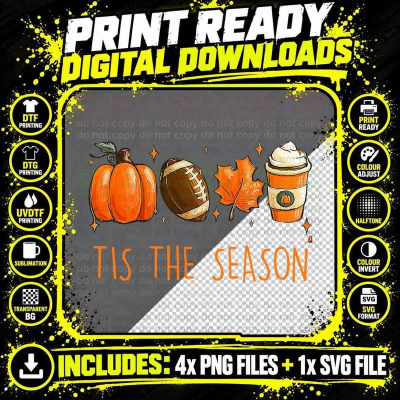 Tis the Season Fall Autumn Football Pumpkin Coffee Png SVG Digital Bundle