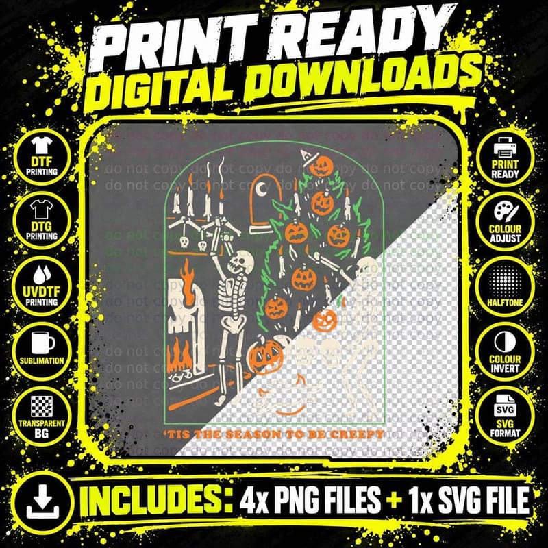 Tis the Season to Be Creepy Skeleton Halloween Spooky Png SVG Digital Bundle