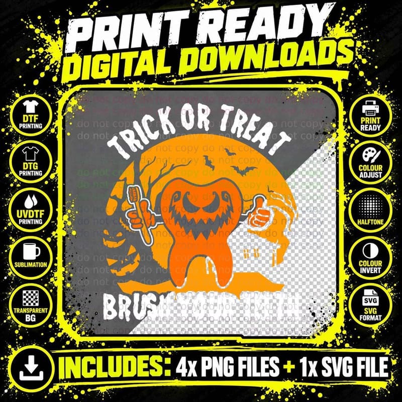 Trick or Treat Brush Your Teeth Dentist Halloween Png SVG Digital Bundle