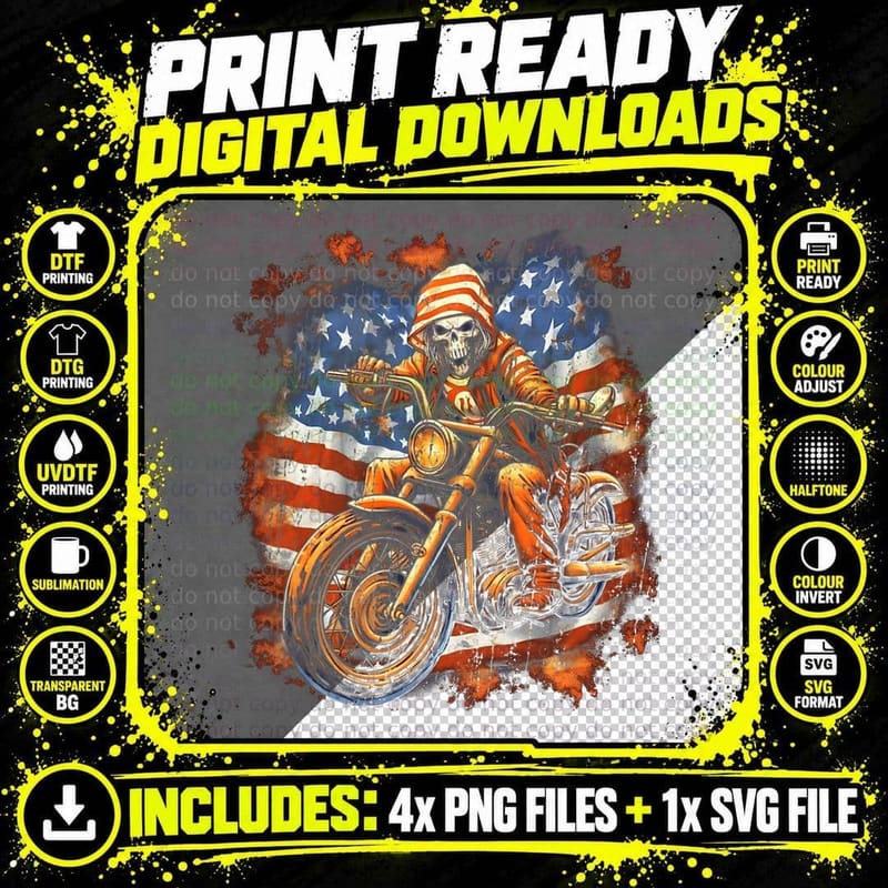 US Flag Motorcycle Skeleton Biker 4th July American Png SVG Digital Bundle