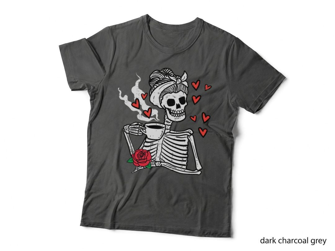 Valentines Day Woman Skeleton Messy Bun Coffee Funny Women T-Shirt