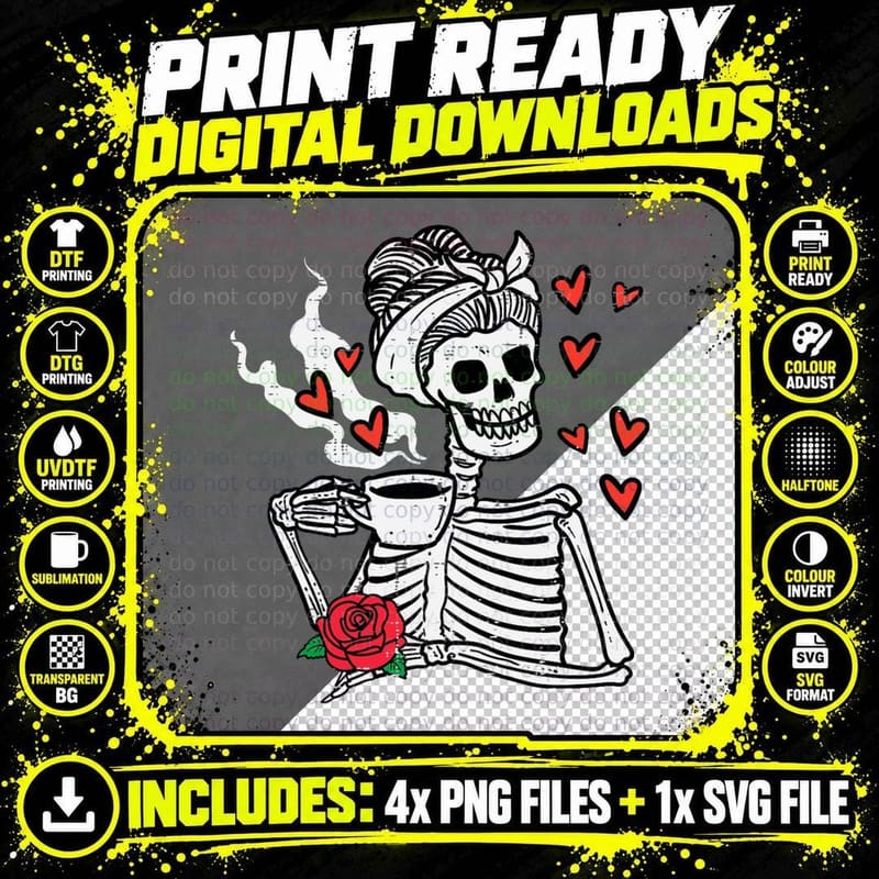 Valentines Day Woman Skeleton Messy Bun Coffee Funny Png SVG Digital Bundle