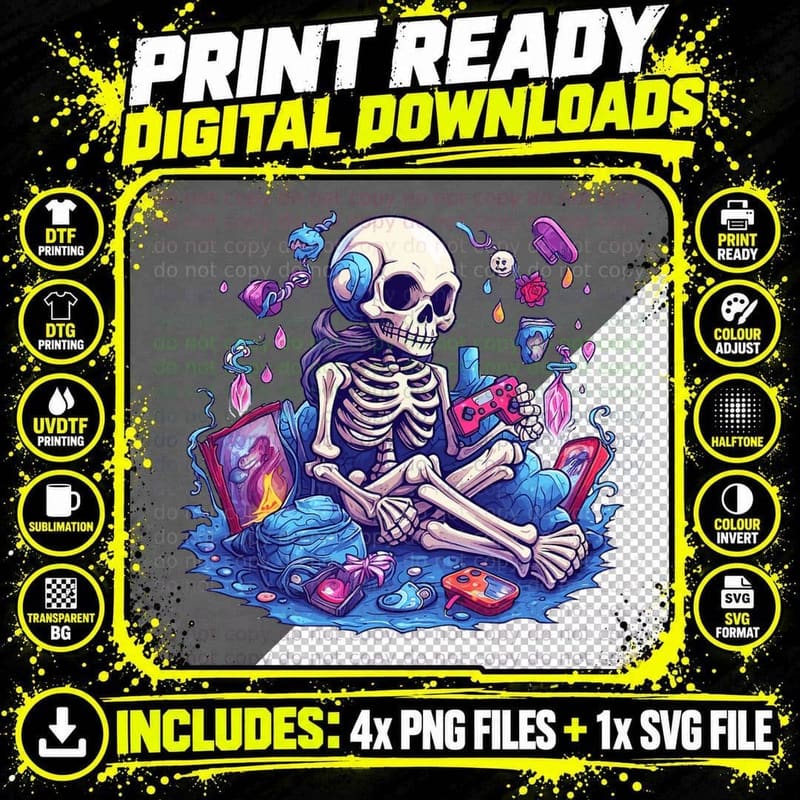 Video Game Lover Gaming Gamer Skeleton Halloween T-Shirt Png SVG Digital Bundle