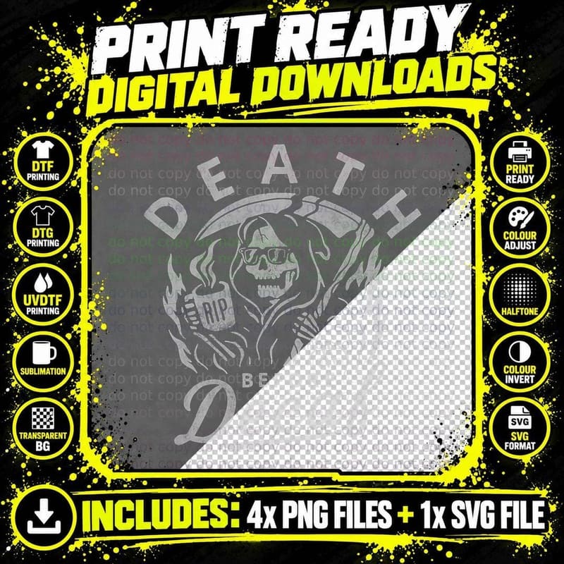 Vintage Death Before Decaf Coffee Skeleton Skull Java Png SVG Digital Bundle