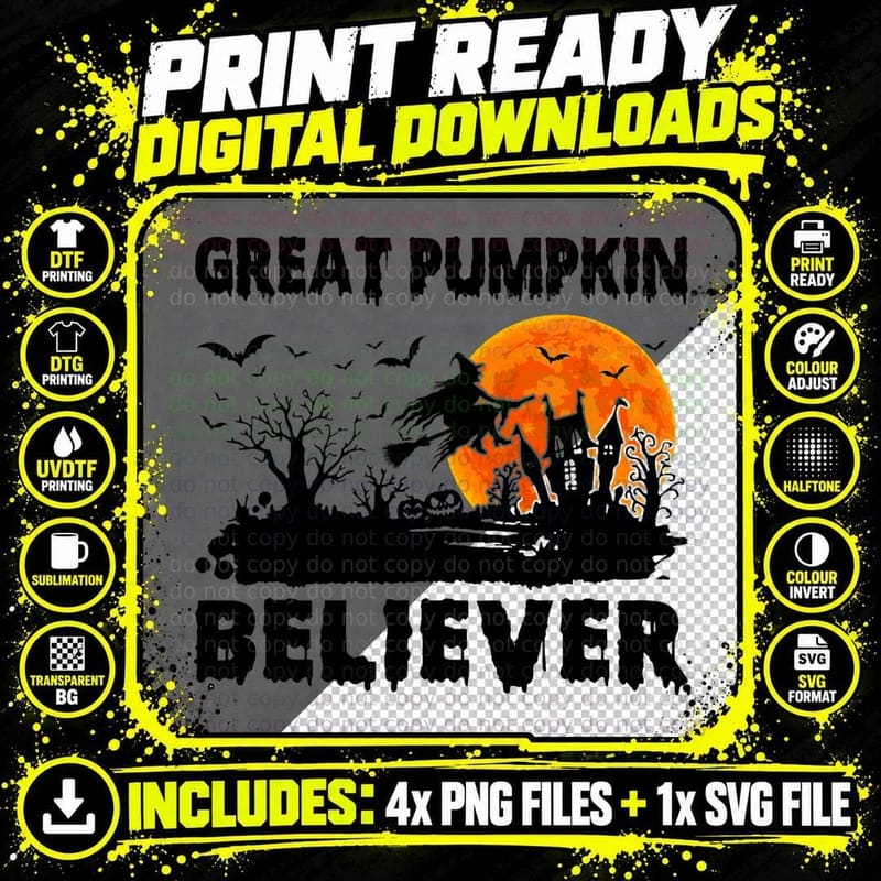 Vintage Great Pumpkin Believer Funny Witch Halloween Png SVG Digital Bundle