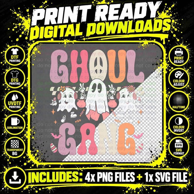 Vintage Retro Halloween Ghoul Gang Floral Ghost Fall Png SVG Digital Bundle