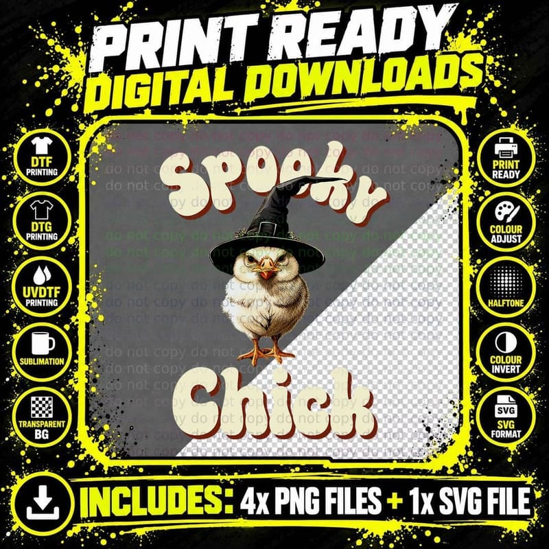 Vintage Spooky Chick Chicken Witch Farm Famer Halloween Png SVG Digital Bundle