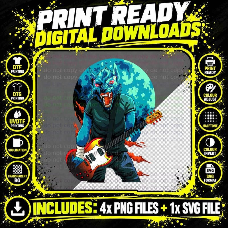 Werewolf Rockstar Guitar Player Halloween Arts Band Png SVG Digital Bundle