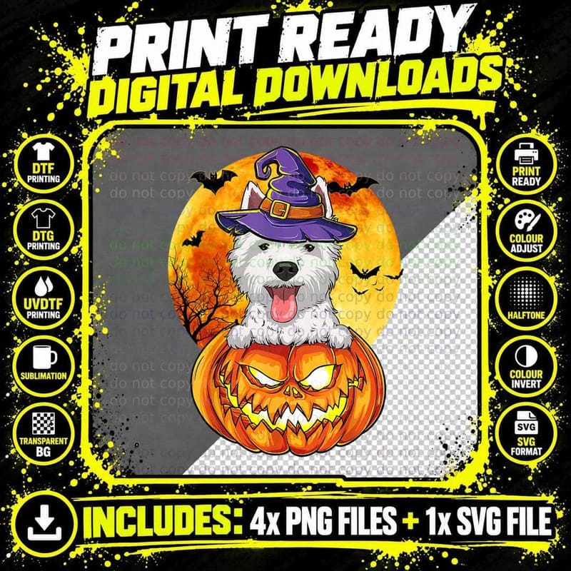 Westie Witch Pumpkin Halloween Dog Lover Funny T-Shirt Png SVG Digital Bundle