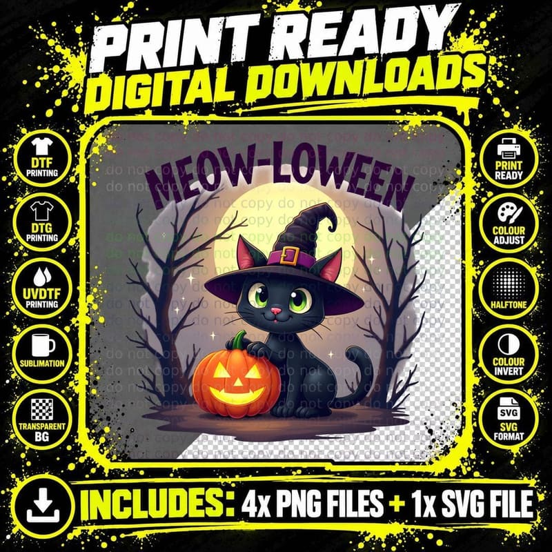 Witch Hat Black Cat Shirt, Funny Halloween Pet Gift Png SVG Digital Bundle