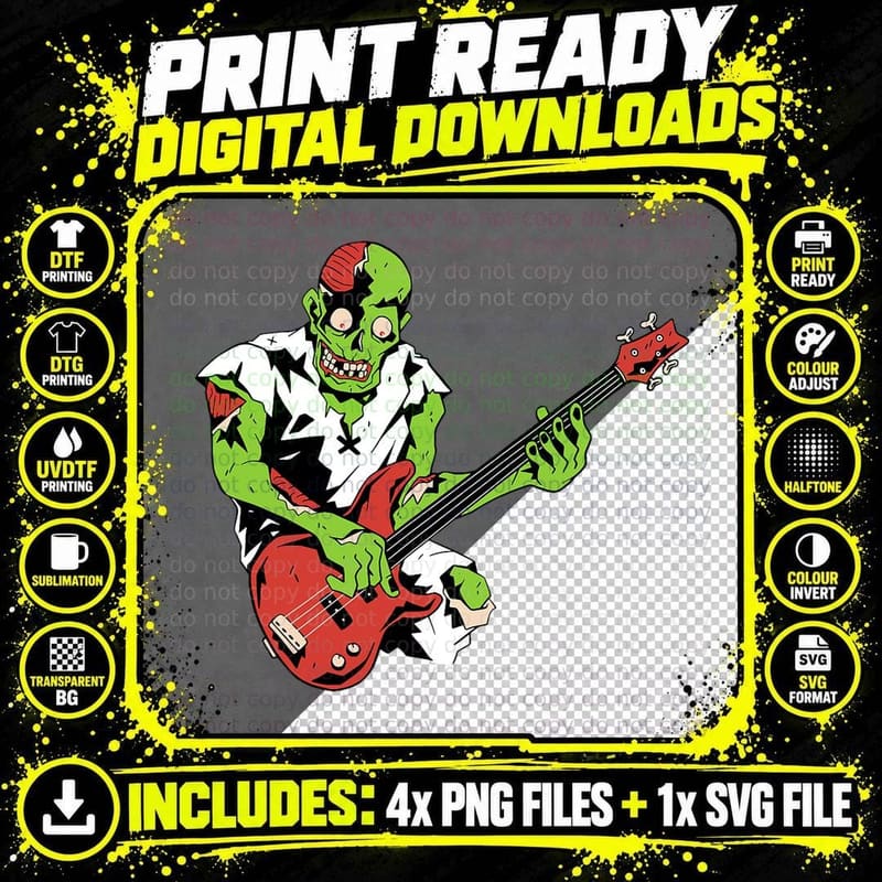 Zombie Bass Guitar Lazy Halloween Costume Music Musician Png SVG Digital Bundle