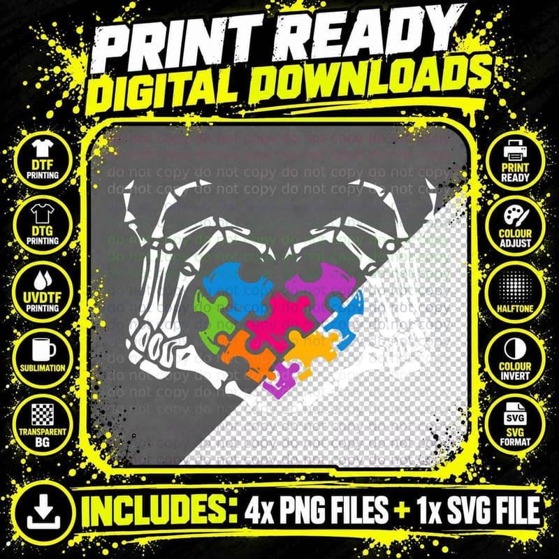 Autism Awareness Boys Girls Skeleton Hand Heart Puzzle Png SVG Digital Bundle