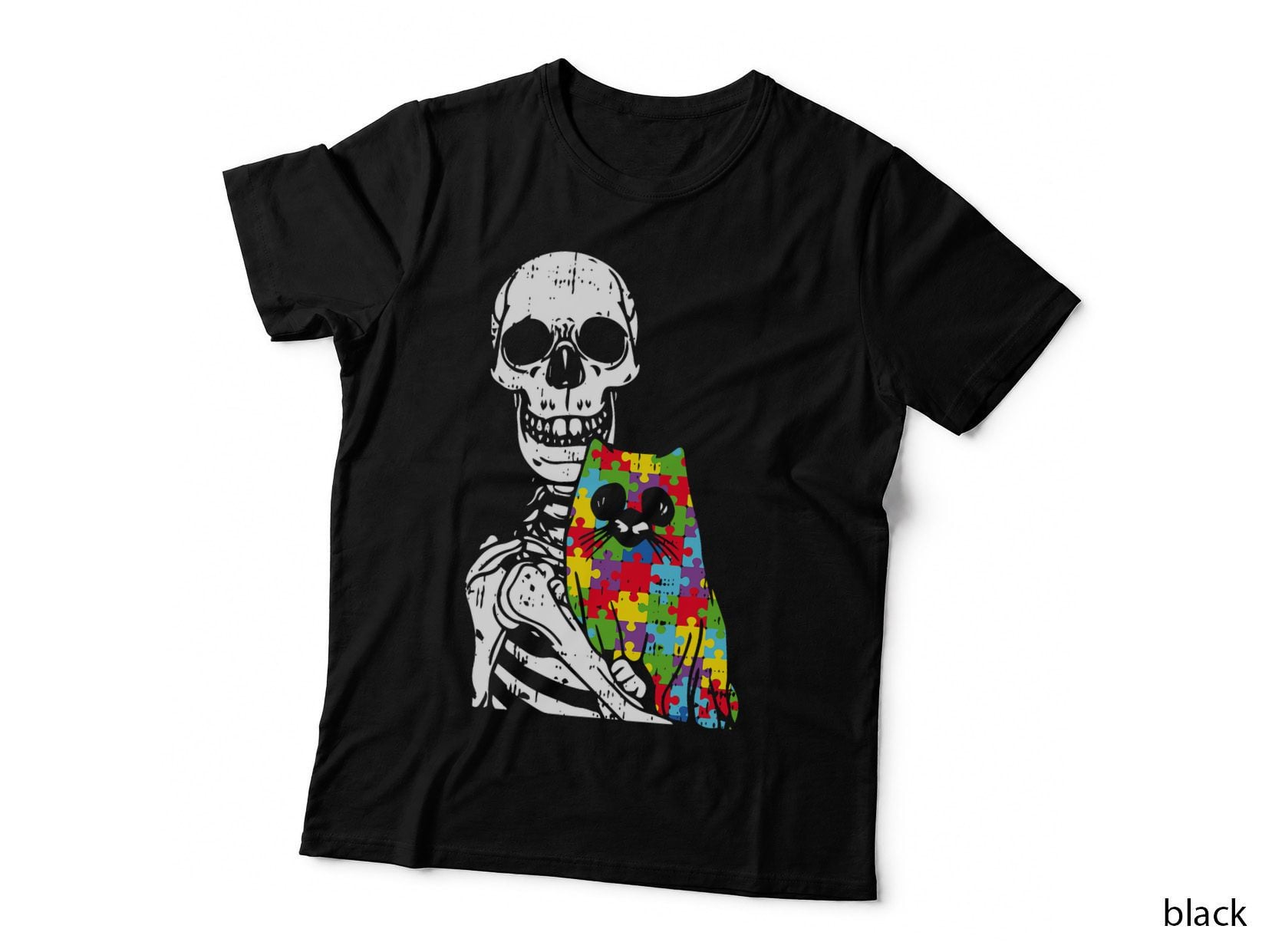 Autism Awareness Boys Girls Skeleton Pet Cat Puzzle Piece T-Shirt