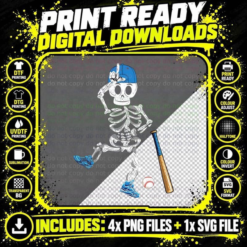 Baseball Skeleton Halloween Vintage Baseball Playing Png SVG Digital Bundle