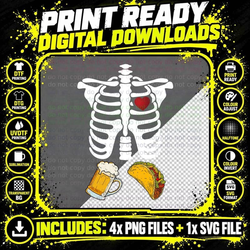 Beer Tacos Skeleton Shirt, Stein and Foam, Pint and Foam Png SVG Digital Bundle