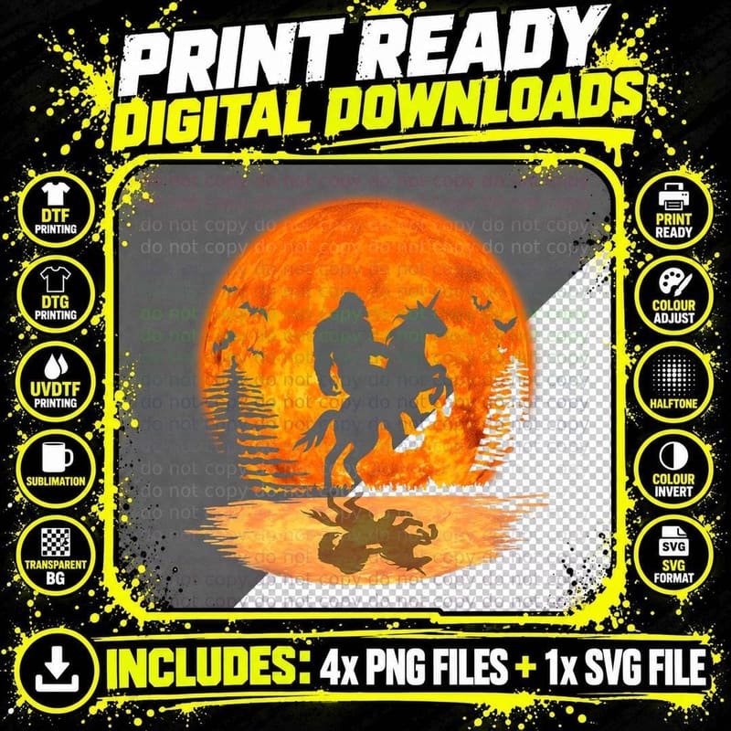 Bigfoot Sasquatch Riding Unicorn in the Moonlight Png SVG Digital Bundle