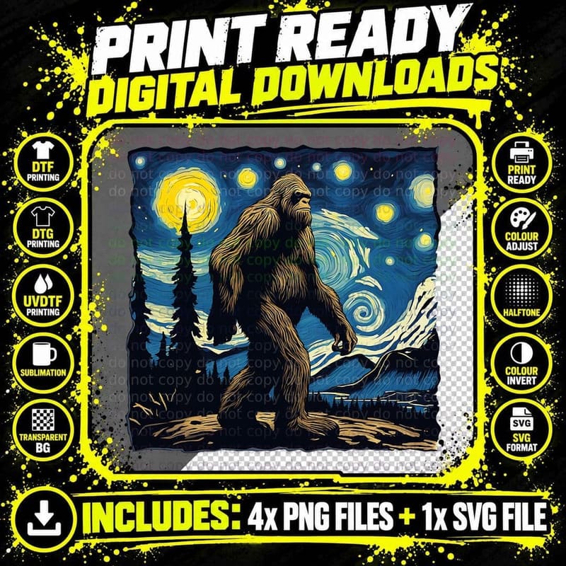 Bigfoot Starry Night Sasquatch Van Gogh Painting Png SVG Digital Bundle