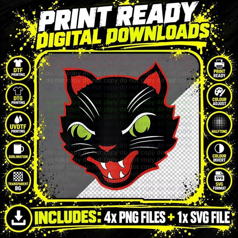 Black Cat Vintage Old School Tattoo Art Spooky Png SVG Digital Bundle