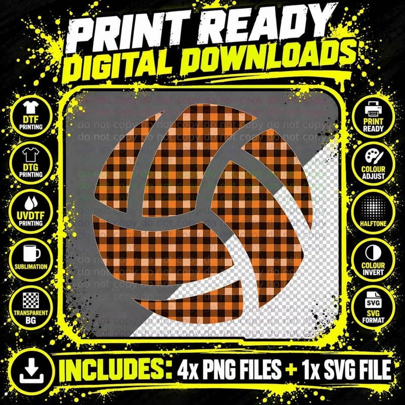 Black Orange Plaid Volleyball Halloween Fall Autumn Girl Png SVG Digital Bundle