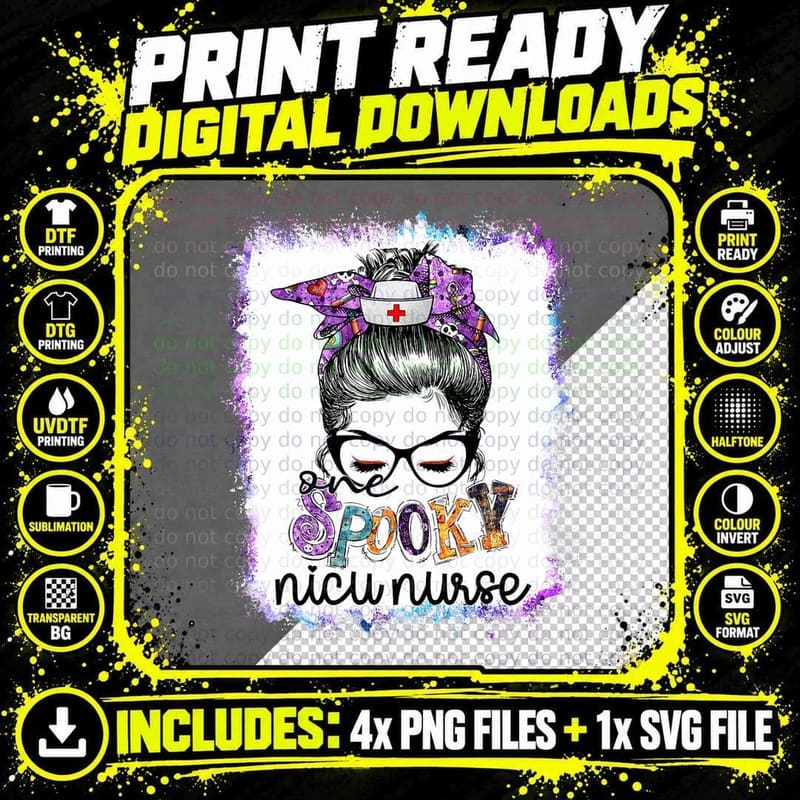 Bleached One Spooky Nicu Nurse Messy Bun Boo Nurse Png SVG Digital Bundle