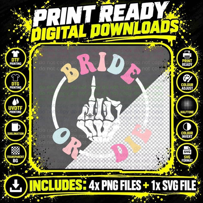 Bride or Die Skeleton Hand Groovy Bachelorette Matching Png SVG Digital Bundle