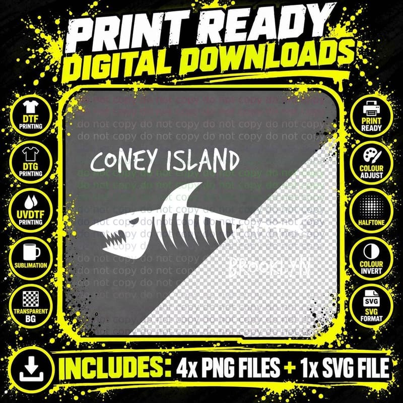 Coney Island Brooklyn Shark Skeleton White Print T-Shirt Png SVG Digital Bundle